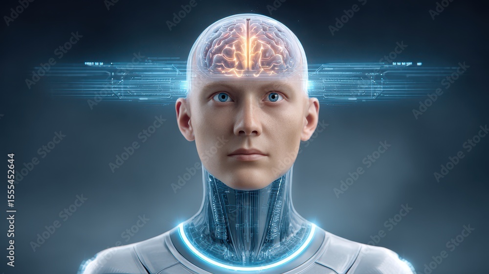 Poster futuristic humanoid robot with a visible brain and glowing neural pathways, symbolizing artificial i