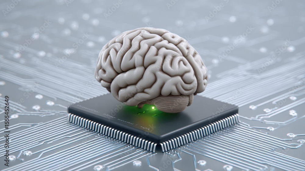 Poster a detailed human brain model sits atop a microchip, symbolizing artificial intelligence and the merg