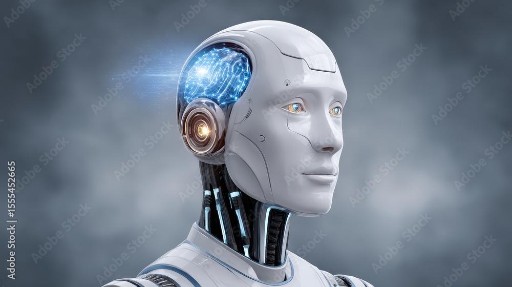 Poster a futuristic humanoid robot with a glowing blue brain and mechanical components, symbolizing advance