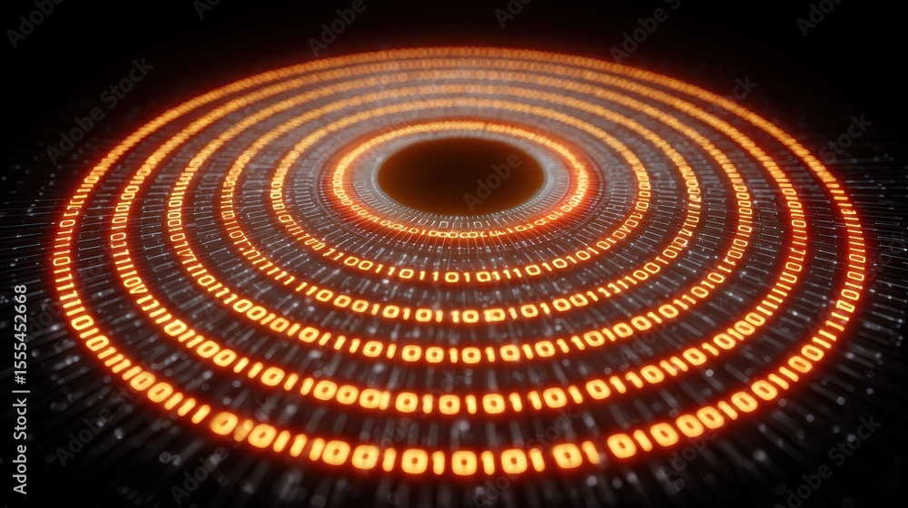 Poster a glowing orange circular pattern made of binary code (ones and zeros) radiates from a dark center o