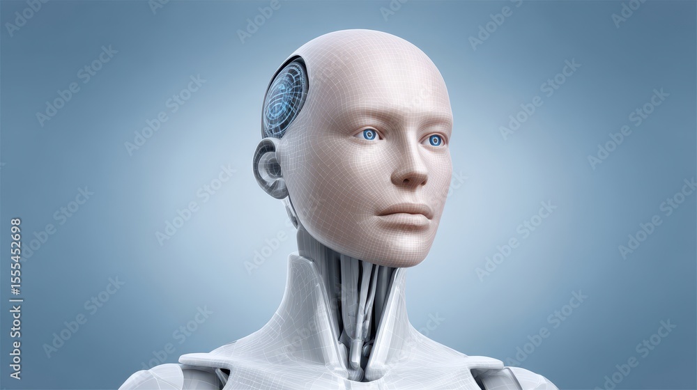Poster a humanoid robot with realistic facial features and a visible mechanical brain section, symbolizing 