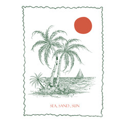 Hand Drawn tropical beach. the beach club slogan text. summer beach graphics.  Womens girls graphics. print design. vintage retro artwork. poster design.