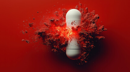 A white capsule detonates in a plume of vivid red powder against a solid red backdrop - Generative AI