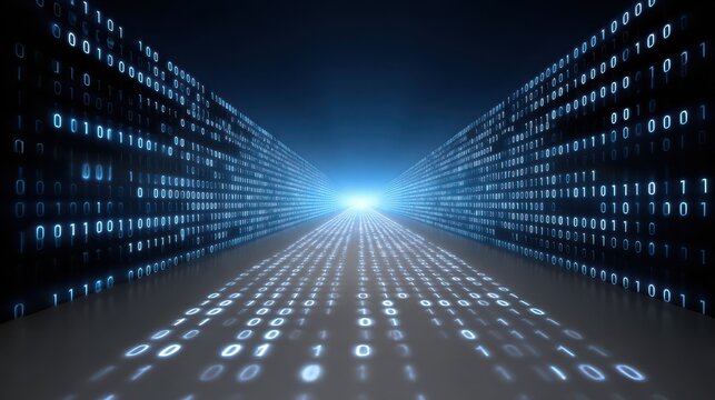 A digital tunnel with glowing binary code (ones and zeros) extending into the distance, symbolizing data flow and technology.
