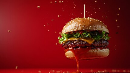 Juicy burger captured in midair, with sauces and crumbs dripping suspended generative ai