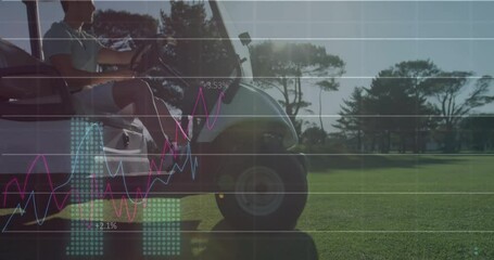 Man stepping into golf cart initiating golf analytics line graphs while driving fairway
