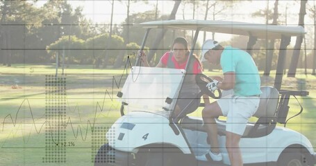 Man and woman stepping onto fairway and boarding golf cart, generating sports analytics overlays - Powered by Adobe