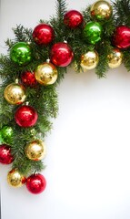 Holiday ornaments and pine on white