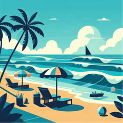 Obraz premium Tropical beach with waves, umbrellas and silhouettes of coconut trees