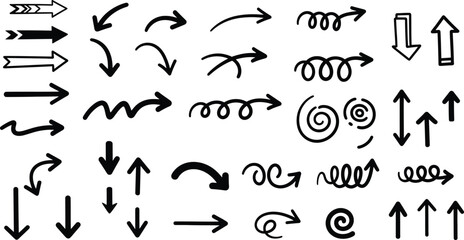 Collection of various hand drawn black arrows pointing in different directions on a white background