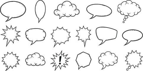 A collection of various hand drawn speech bubbles and thought bubbles in black and white illustration