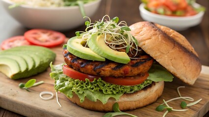 Close up of a veggie burger with avocado and sprouts on a board
