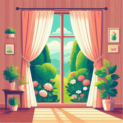 A window with open curtains revealing a garden in bloom.