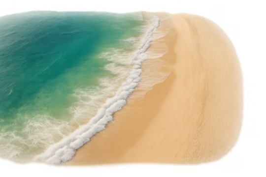 Aerial view revealing turquoise ocean waves breaking softly against white sandy coastline, transparent background highlighting tropical seascape