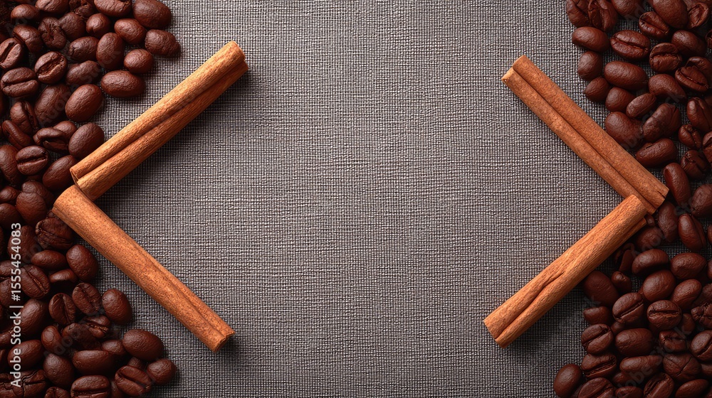 Poster coffee beans and cinnamon sticks arranged on a textured background for a warm and inviting culinary 