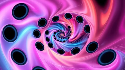 Abstract fractal art, swirling vortex of pink, blue, and orange hues, black circular voids arranged in a spiral pattern