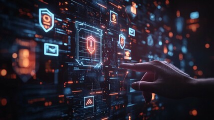 Futuristic hand interacting with digital calendar dashboard interface, showing illuminated grid, date dots, and virtual scheduling system in a dark tech environment.