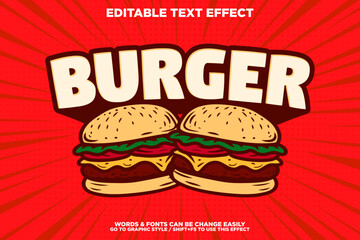 vintage retro style editable text effect with burger illustration for store banner or poster and tshirt printing