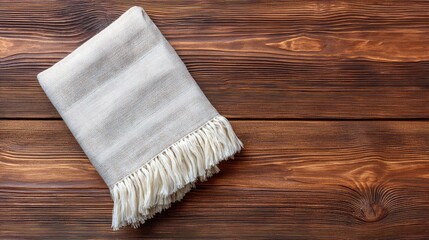 Soft and Cozy Light Beige Blanket on Rustic Wooden Background with Warm Tones, Ideal for Home Decor or Photography, Perfect for Cold Seasons and Relaxation Moments