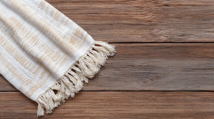 Soft White Textile with Textured Patterns and Fringes on Wooden Background, Perfect for Home Decor, Fashion, or Photography Props