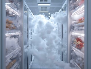 surreal pantry: voluminous clouds in a white room with shelves