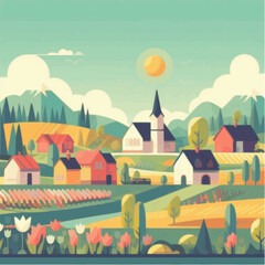European countryside flat design in spring