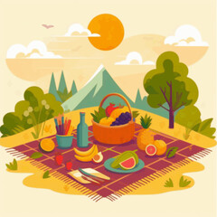 Obraz premium Spring picnic setup with plaid, food, and flowers