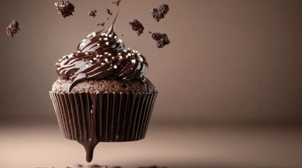 Rendered chocolate lava cupcake with oozing center, isolated in midair generative ai