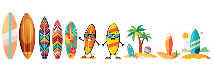 A colorful collection of surfboards and beach elements isolated on white background perfect for summer vacation