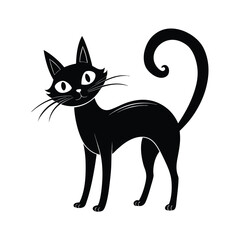 A sleek black cat with a curled tail stands isolated on white background