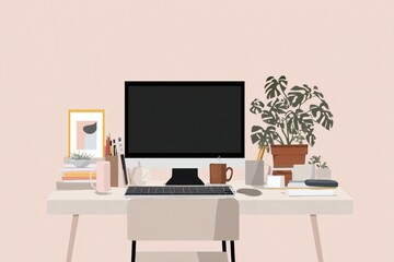 Cozy minimalist home office setup with computer, stationery, plant, and pastel color scheme against a peach background, perfect for work.