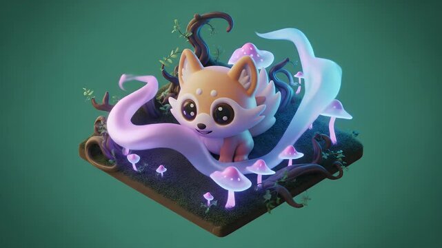 Animated Isometric Fox surrounded by Glowing Mushrooms and Mystical Smoke in 3D Render on Dark Teal Backdrop