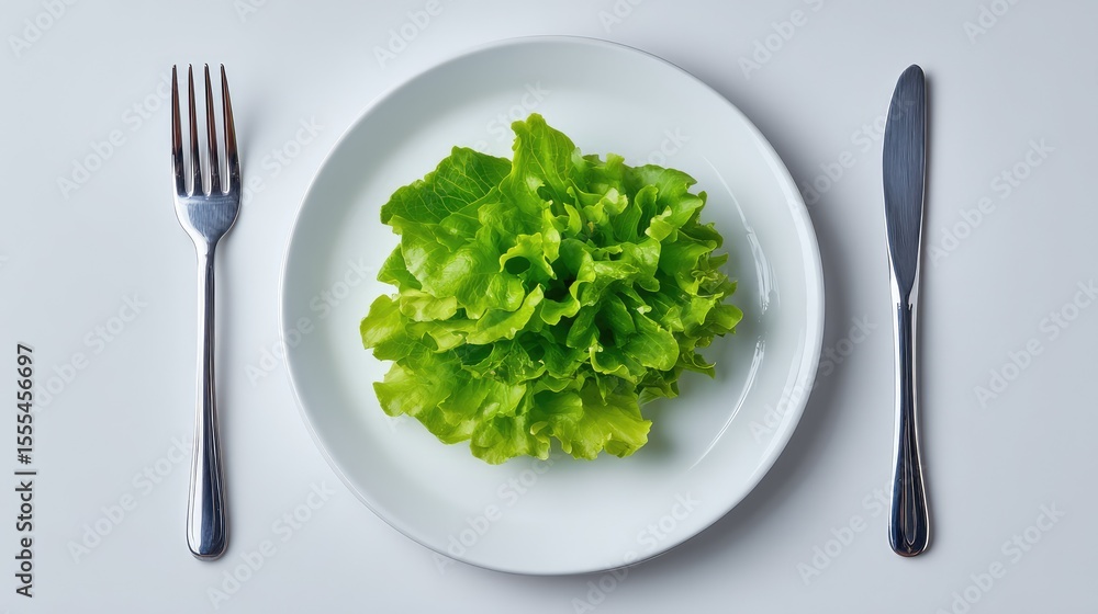 Aufkleber fresh green leafy lettuce on white plate surrounded by clean fork and knife in modern table setting 