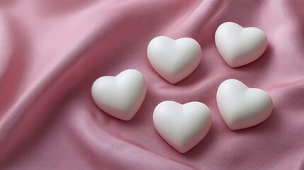 Fototapeta premium White Heart-Shaped Soap Bars Arranged Aesthetically on Soft Pink Satin Fabric Background, Perfect for Romantic Occasions, Gifts, and Spa Settings