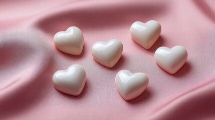 Six Elegant White Heart-Shaped Decorations Resting on a Soft Pink Fabric Background, Perfect for Celebrating Love, Romance, and Special Occasions