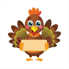 Cartoon turkey holding a blank sign isolated on white background