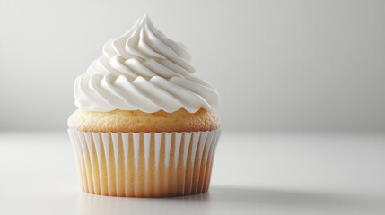Rendered cupcake above soft white surface, showing visible sponge layers and crisp liner generative ai