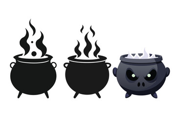 Collection of black silhouette cauldrons with fire and a spooky skull cauldron isolated on white background