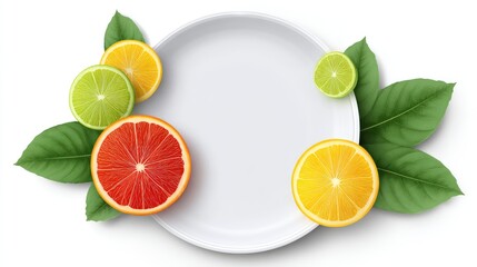 Fresh Citrus Fruits Arranged on Blank Plate Surrounded by Green Leaves for a Bright and Colorful Culinary Display in a Minimalist Style