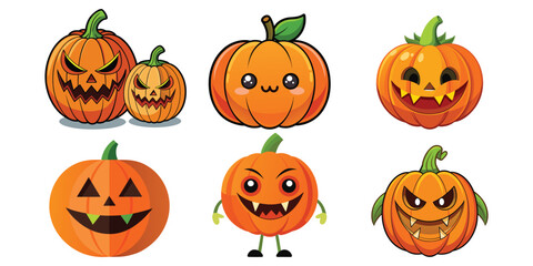 Collection of cartoon halloween pumpkins with various spooky and cute faces isolated on white background
