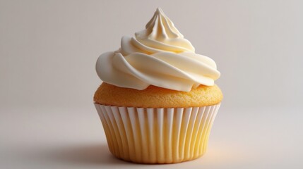 Rendered cupcake above soft white surface, showing visible sponge layers and crisp liner generative ai