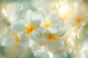 Closeup of delicate white and yellow plumeria flowers with soft bokeh background