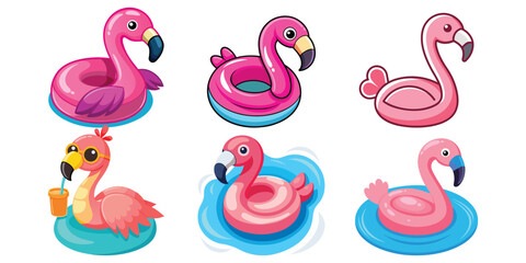 Collection of cute flamingo floats isolated on white background perfect for summer vacation and pool party designs