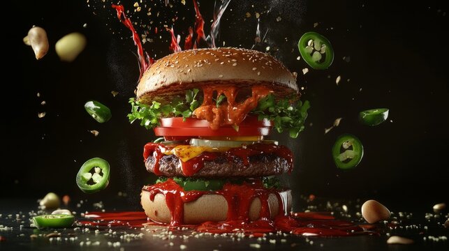 Spicy burger with jalapenos and chipotle sauce, dramatic levitation of ingredients, generative ai