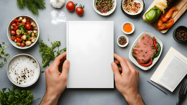 Person holding blank cookbook surrounded by fresh ingredients like tomatoes, herbs, and spices, ready for culinary inspiration