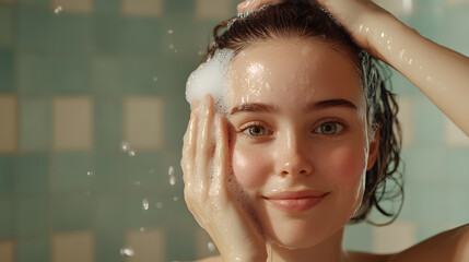Naklejka premium Woman joyfully applying shampoo in shower, focusing on hair care