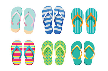 Collection of colorful flipflops isolated on white background with various patterns and designs perfect for summer vacation