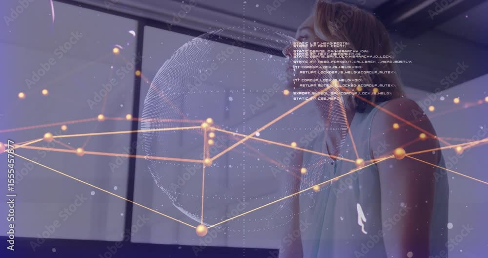 Poster mid adult woman studying rotating globe after overlay fading for analyzing code in technology lab