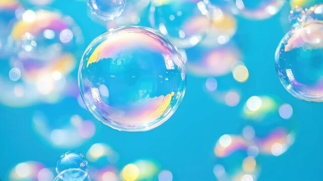 colorful soap bubbles floating slowly in the bright sunny blue sky background