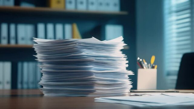 Stack of paper office desk paperwork document pile workspace file folder with office supplies and blurred background symbolizing workload and organization in busy focused work environment